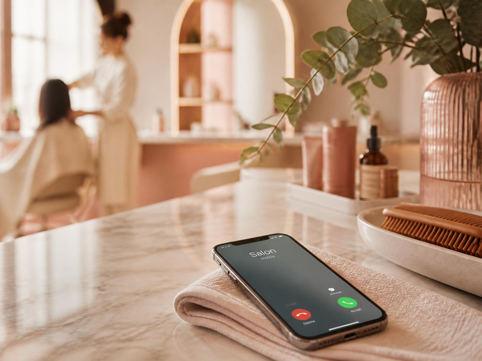 Beauty-Salon mit eingehendem Kundenanruf auf dem Smartphone